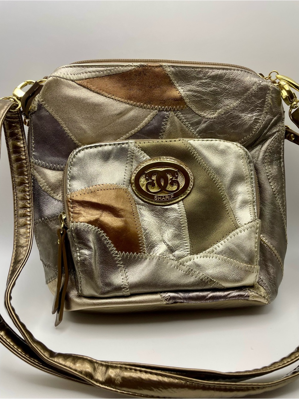 Vintage Sharif Metallic Patchwork Crossbody - Gold, Bronze, Silver w/Blue Bag